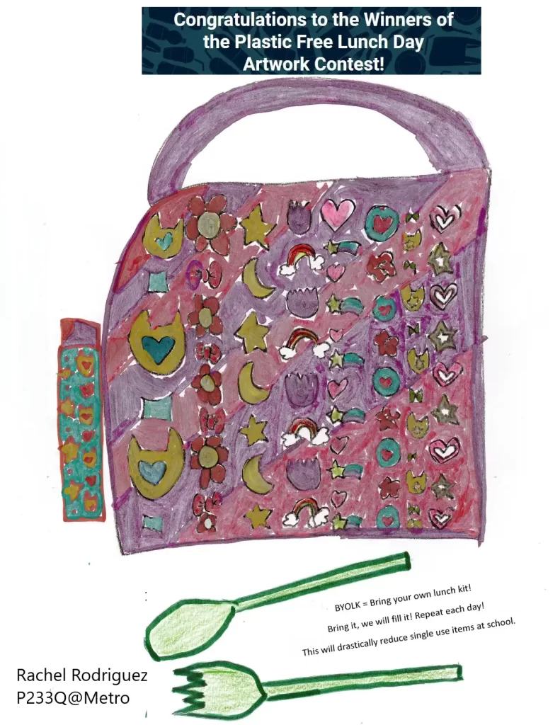 Art work of a purple purse,with different shapes and a spoon and foirk