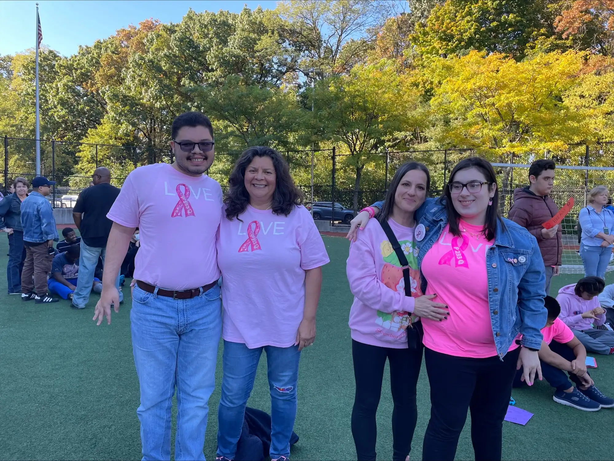 Students and families wearing pink